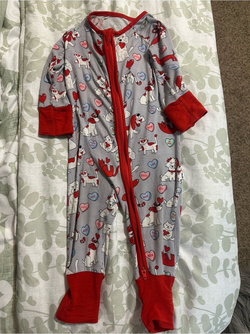 Little Sleepies Gray & Red Puppy Valentines Heart Print Zippy Sleeper